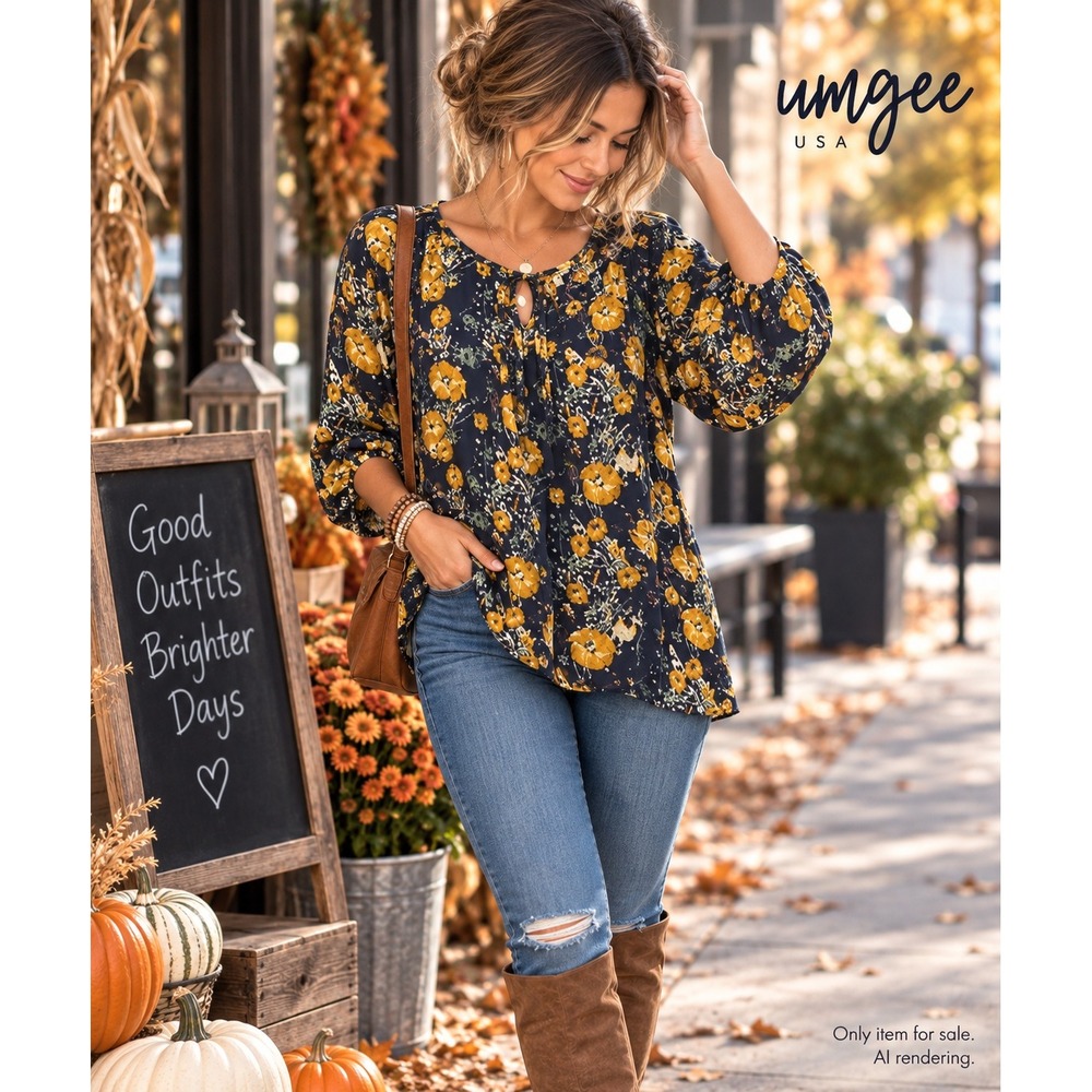 Umgee Large Floral Peasant Top Mustard Navy Boho Keyhole Balloon Sleeve